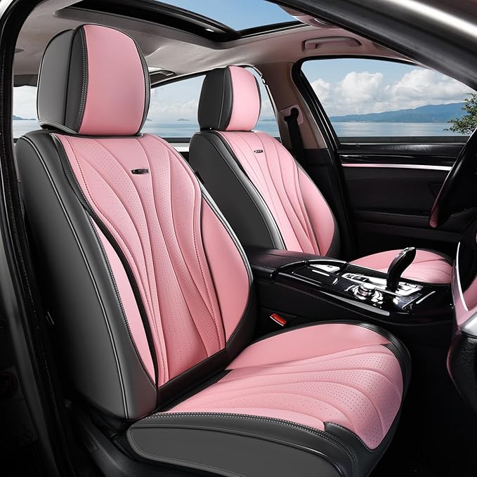 Coverado Front Seat Covers, Luxury Leather Seat Covers for Cars, Automotive Seat Cover, Car Seat Protector Waterproof, Premium Car Seat Covers Car Seat Cushions Universal Fit for Most Cars (Gray&Pink)