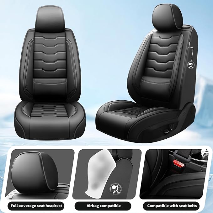Fit Juke Car Seat Covers Compatible with Nissan Juke 2012-2015 2016 - Premium Leather， Waterproof Breathable， All-Weather Seat Cushion Protecto&Airbag Compatible (2 Front Seat Black)