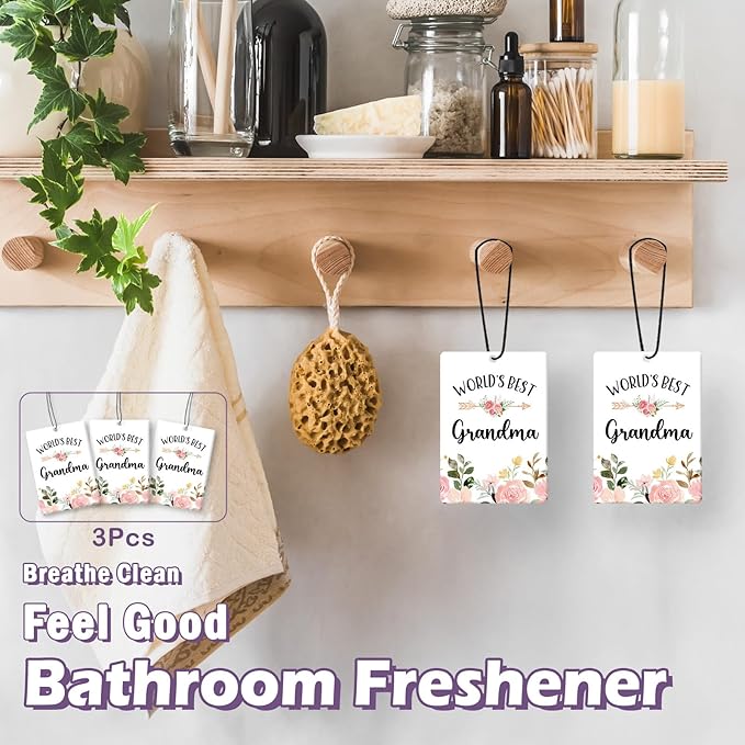 Grandma Gifts Car Air Freshener Accessories 3pcs,World's Best Festive Gifts for Granmda Christmas,Pink Flower Rustic Hanging Scent Lavender Fragrance Card for Women Closet Bathroom Home Decor