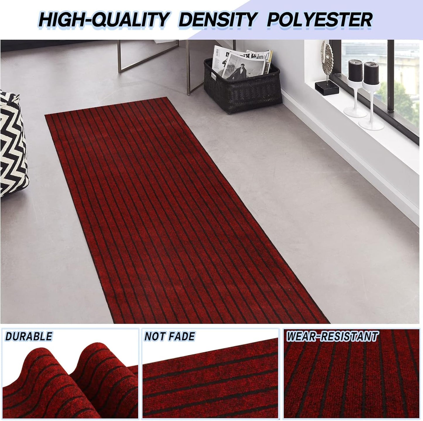 Custom Size Backed Non-Slip Area Rugs Runner, Easy Clean, Waterproof Runner Rugs for Hallway Entryway, Kitchen, Laundry, 2FT x 14FT, Red Stripe
