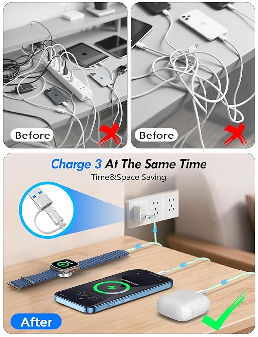 Travel Essentials for Apple Watch Charger,iPhone Charger,3 in 2 Type C/L/Magnetic Fast Charging Cable,Multi Charging Cable Portable Designed for iWatch Series,iPhone 17-11,Galaxy S26-S21,Car-5FT