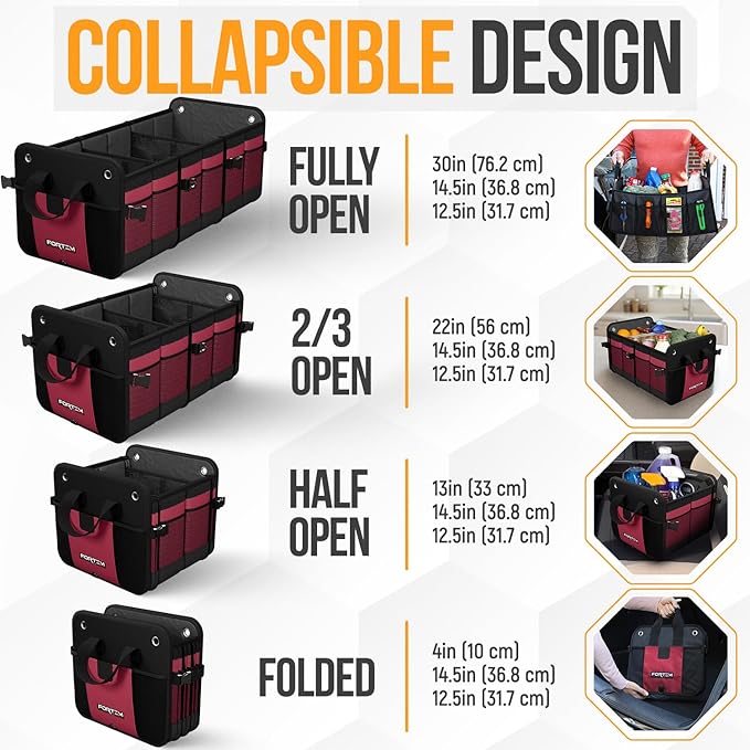 FORTEM Trunk Organizer with Cooler For SUV Car Organizer and Storage, Collapsible Multi-Compartment, Perfect Christmas Gifts For Men, Women, 1680D Oxford, Non Slip Bottom, Straps, Soft Cover 110L