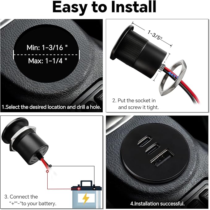 Acegoo 78W 12V USB Outlet, Dual 30W PD3.0 Type-C & 18W QC3.0 Aluminum Car Charger Socket, Multi Port Fast Charging Replacement Socket Accessories for RV Camper Trailer Truck Boat (2 Pcs)