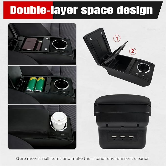 Car Armrest Storage Box Compatible with Nissan Almera Versa 2012-2019 Double Layer with 6 Ports and Cup Holder Car Interior Accessories Black Thread