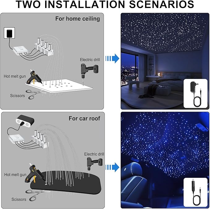 Split 4 Colors 12W Car Starlight Headliner Kit 500pcs*0.02in*9.8ft with APP&RF Remote,RGBW Fiber Optic Strands Star Roof Lights,4 Port Engine Sound Activated Star Ceiling Lights for Car/Home Decor