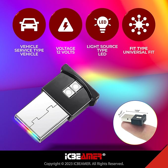 ICBEAMER Mini Smart USB Type-A 2-Pack (White) | LED Night Light for Car Interior, Trunk, Center Console, Easy Plug-in, Perfect for Ambient Atmosphere in Vehicles