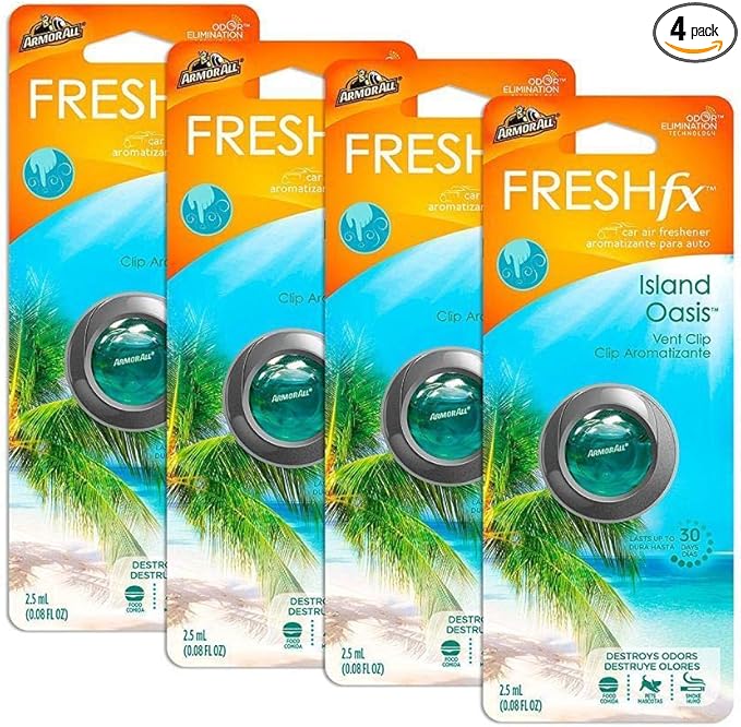 Armor All Car Air Freshener and Purifier - Odor Eliminator for Cars & Truck, Freshfx Island Oasis, 0.08 Fl Oz Vent Clip, Pack of 4, 18551-4PK