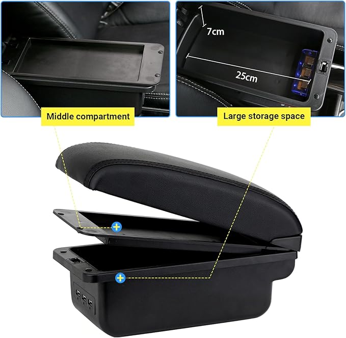 AULPHIKE Compatible with Nissan Note Armrest 2016-2018 Car Center Console Organizer Armrests Double Layer Storage with 3 USB（Black）