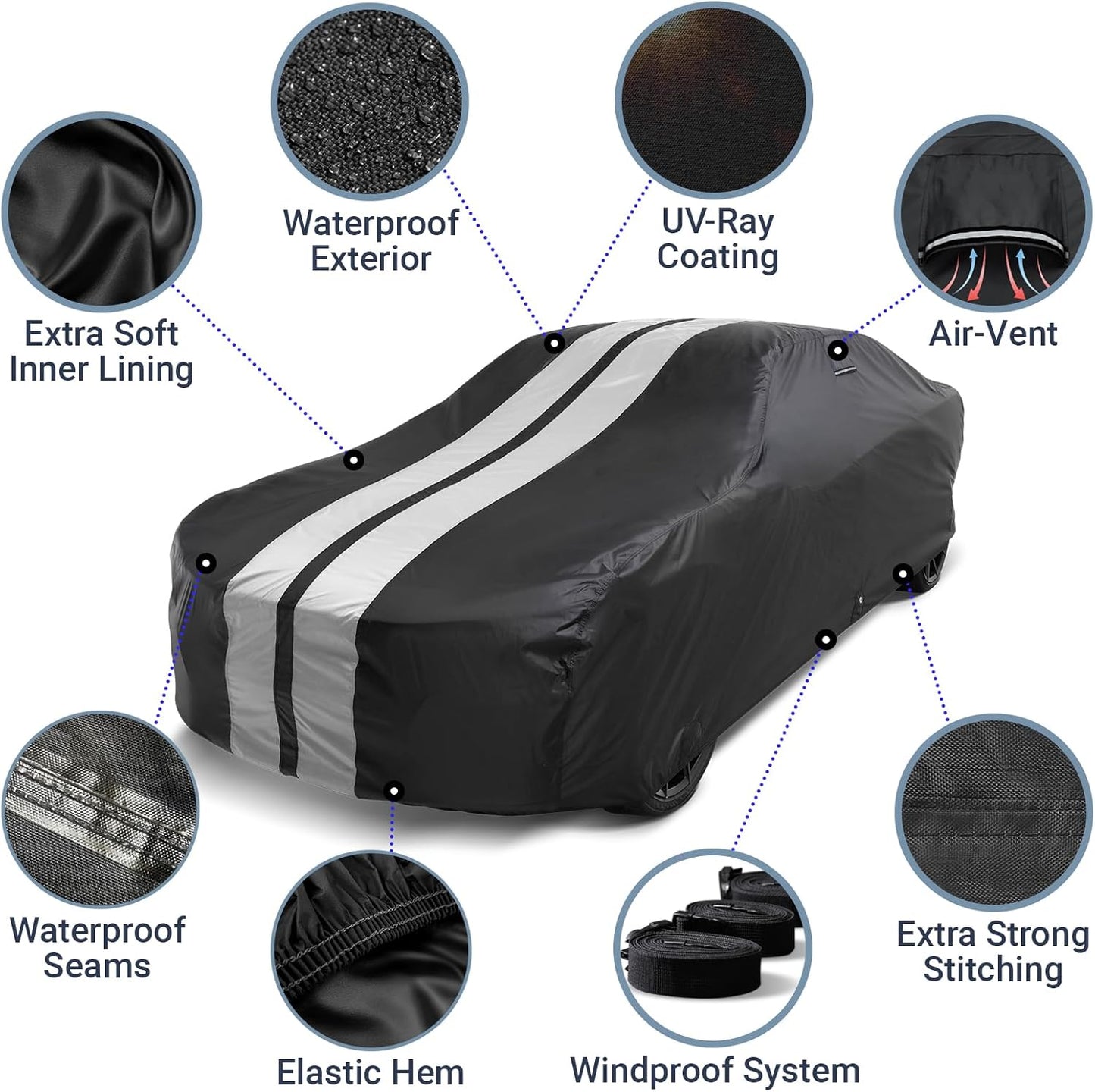 iCarCover Custom Car Cover for Buick Century Wagon (1973-1977) Waterproof All-Weather Rain Snow UV Sun Protector Full Exterior Indoor Outdoor Car Cover (Stripe - Black/Gray)