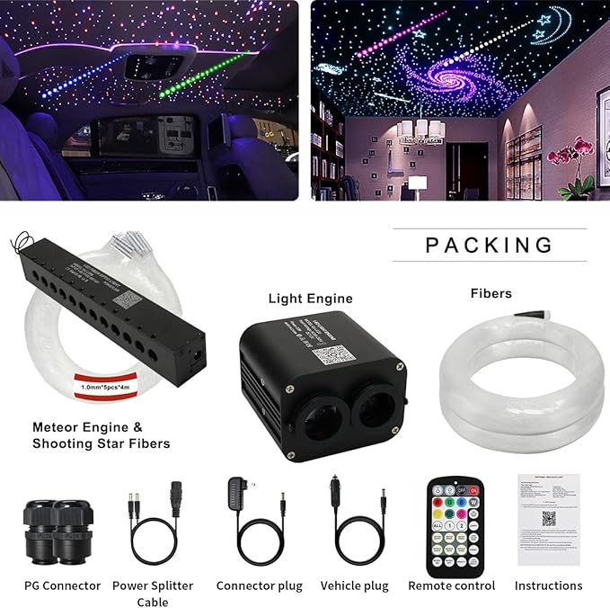 AZIMOM Dual Color 20w Twinkle Fiber Optic Starlight Headliner Kits 600pcs 0.03in 9.8ft, RGB Meteor Shooting Star, Sound Activated Remote APP Control Home Car Ceiling Décor
