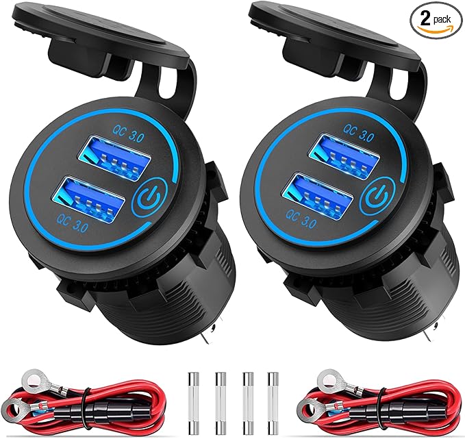 Pack of 2 x 36W Quick Charge 3.0 USB Car Charger Socket, 12V/24V Dual USB Quick Charge 3.0 Car Cigarette Lighter Adapter with Touch Switch for Motorcycle, Boat, Truck, Caravan