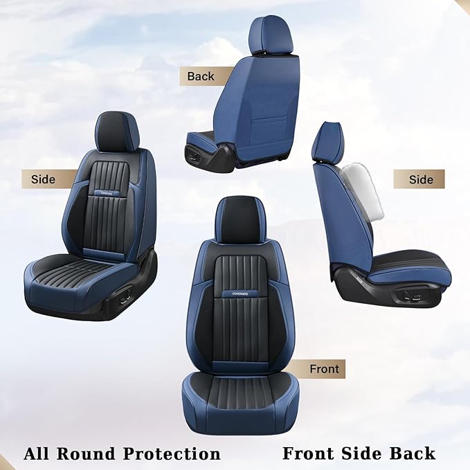 Coverado Car Seat Covers Front, Seat Covers for Cars, Waterproof Car Seat Cushions, 2-Pack Leather Carseat Seat Protectors, Universal Seat Covers Fit for Most Sedans SUV Pick-up Trucks(Blue&Black)