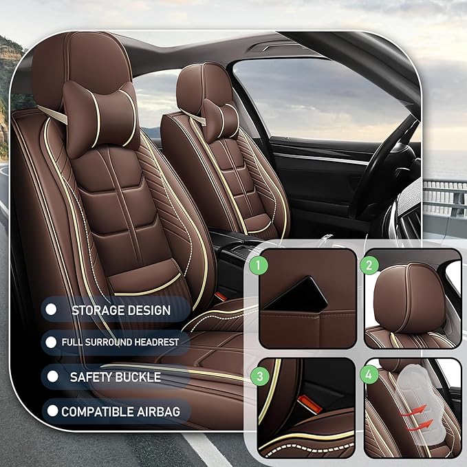 Leather Car Seat Covers Fit for Toyota Prius Prime 2017-2024, 5 Seater Car Seat Cover, Premium Waterproof, Scratch Resistant Car Interior Accessories (Full Set with Pillow Coffee)