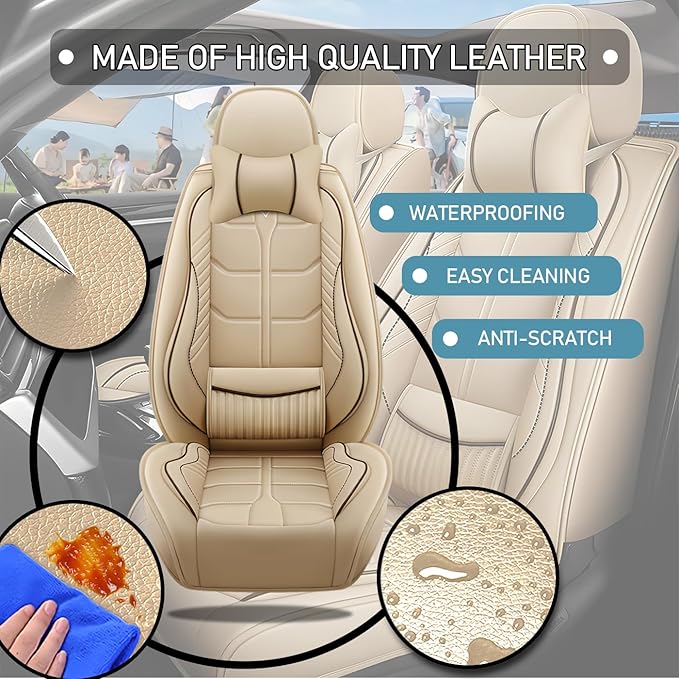 Leather Car Seat Covers Fit for Toyota Sienna 1997-2024, 5 Seater Car Seat Cover, Premium Waterproof, Scratch Resistant Car Interior Accessories (Full Set with Pillow Beige)