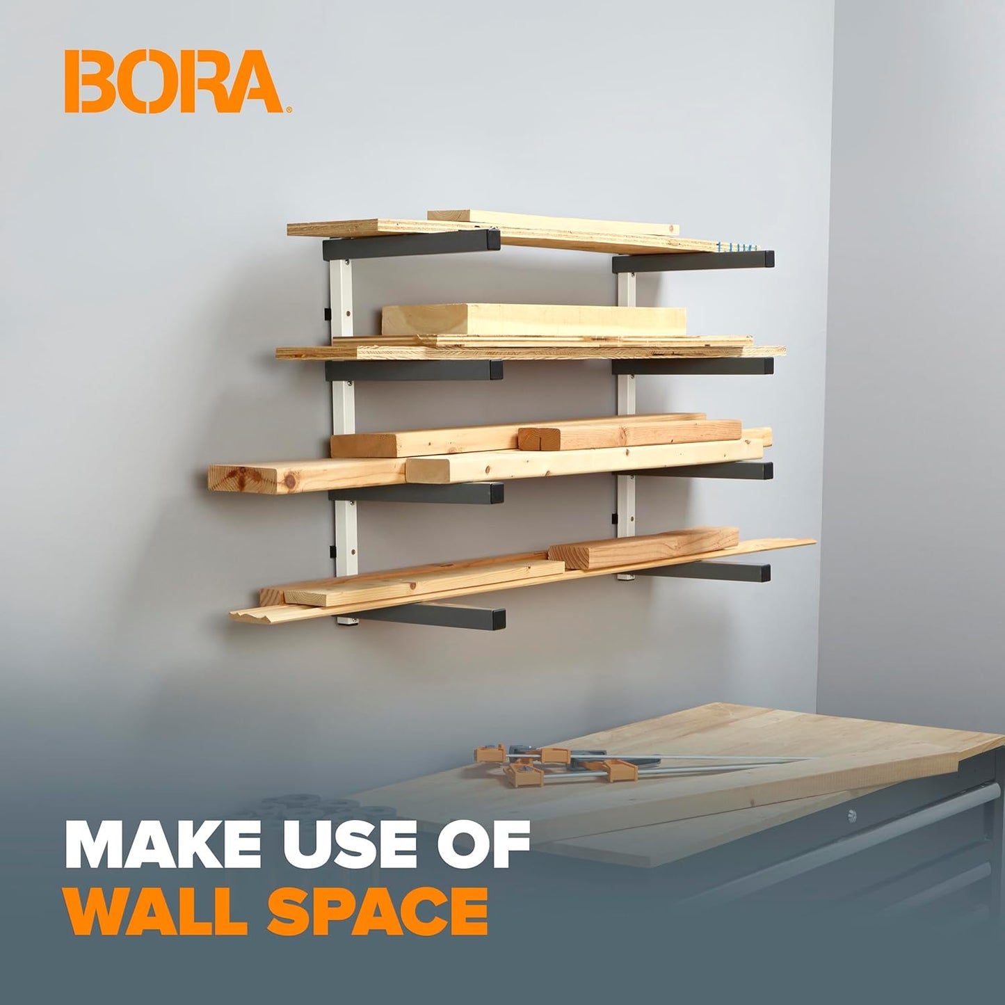 Bora 4-Level Lumber Storage Rack Wood and Garage Organization Space Saving Metal Shelf for Pipes, Boards, Plywood, and Building Materials - PBR-0420 White Gray