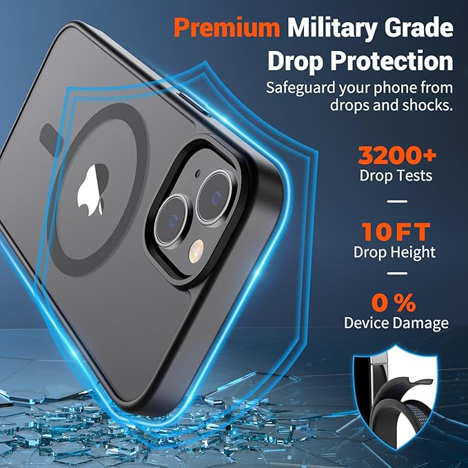 SUPFINE Magnetic for iPhone 14 Case & iPhone 13 Case (Compatible with MagSafe)(Military Grade Drop Protection) Translucent Matte Shockproof Phone Cover,Black
