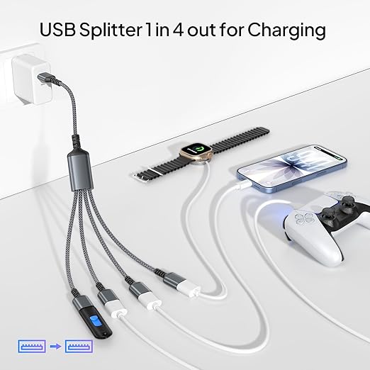Elebase USB Splitter 1 in 4 Out for PS5,USB Charger Splitter Y Cable 1FT,Multi Port USBA Extension Cord,Multiport 2/3/4 Out Data Charging Split Adapter for Keyboard,Mouse,TV,Laptop,Xbox Series X/S