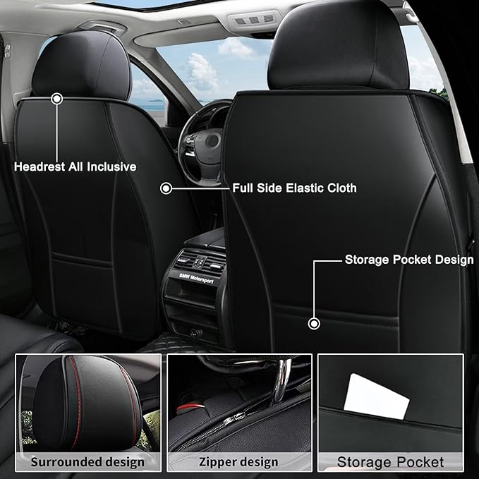 AOMSAZTO Front Seat Covers Fit for Kia Rio 2013-2023 Waterproof Faux Leather Car Seat Cover Compatible with Airbag(2PCS Front, Black&Redline)