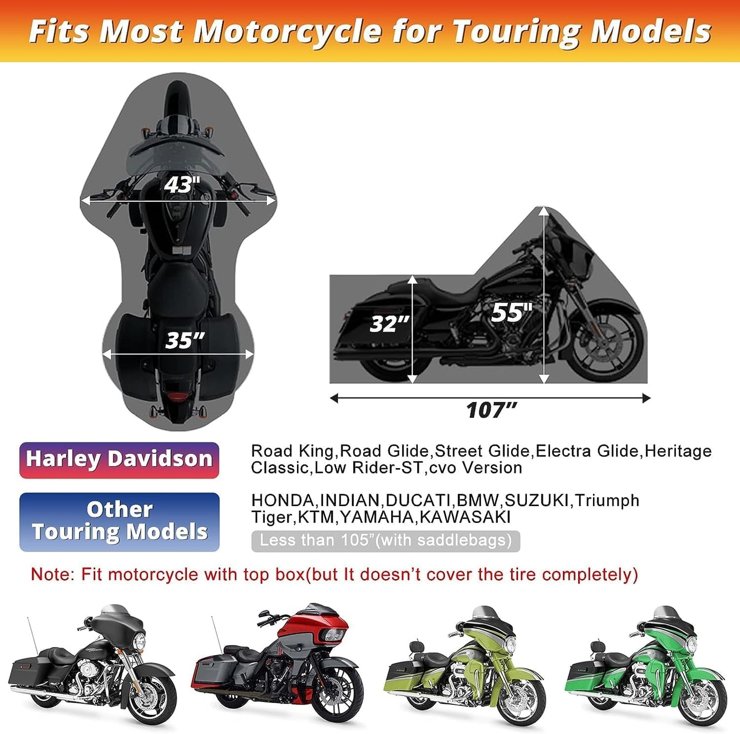 Motorcycle Cover, with Vents Dirt Bike Cover,for Different Touring Models Harley Davidson Road King,Road Glide,Street Glide,Electra Glide,Low Rider-ST (Black&Orange)
