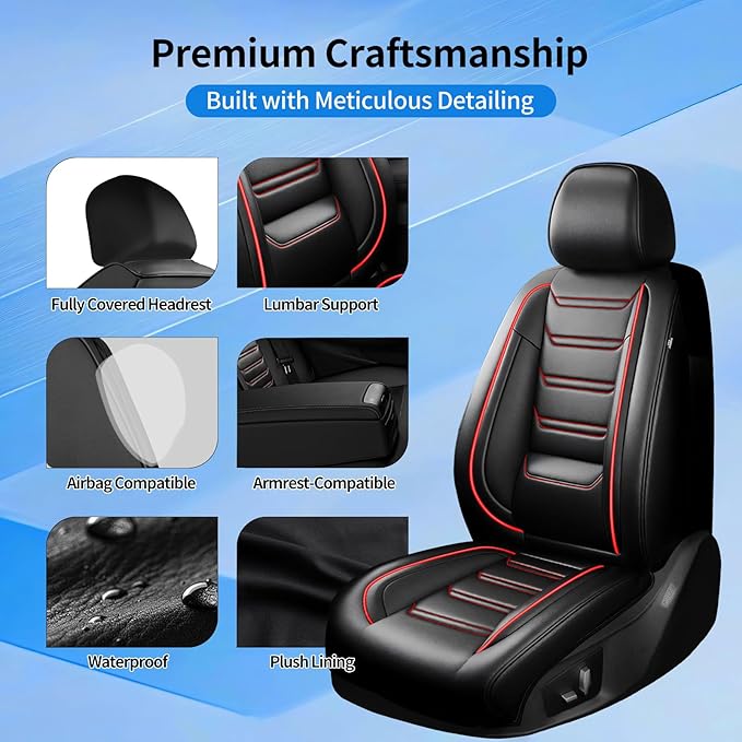 Fit CX-30 Car Seat Covers (Front Pair) for Select Mazda CX30 2020-2025 - Premium Full Coverage Leather, Airbag Compatible, Luxury Waterproof & All Weather Breathable Seat Protector, Red Trim