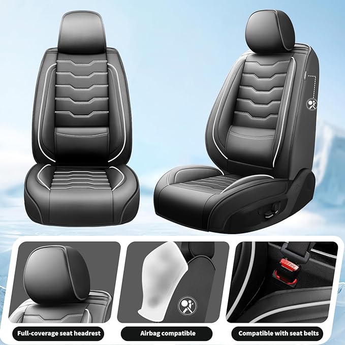 Fit Kona Car Seat Covers for Select Hyundai Kona 2018-2025 2026. Premium Leather, Waterproof， Breathable, Scratch-Resistant & All-Weather Seat Cushion Protector (Full Set, White Line Black)