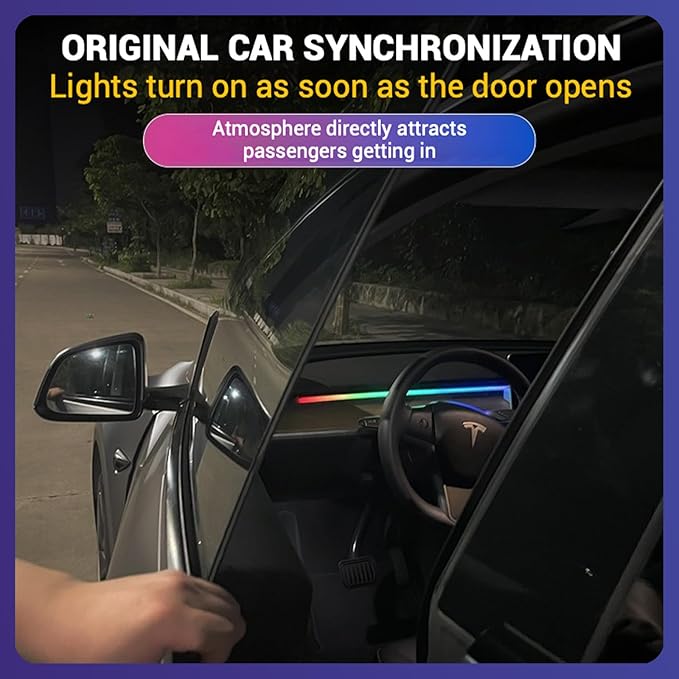 LED Car Ambient Lighting Strip for Tesla High Brightness with APP Control Multiple Colors and Car LED Strip Lighting Neon Lights for Model 3/Y (Dashboard& Center Console)