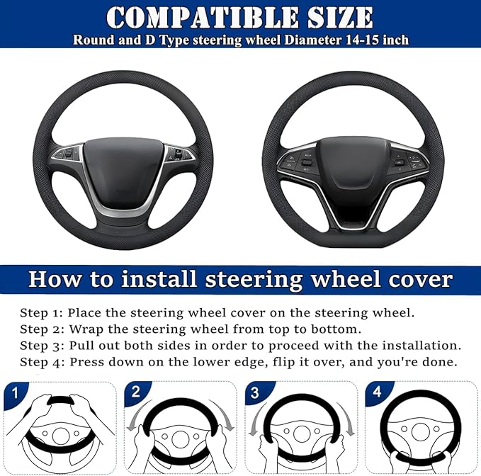 Soft Leather Car Steering Wheel Cover, Universal 15 Inch Colorful Rhinestones Anti-Slip Elastic Steering Wheel Covers for Most Cars, Sparkly Crystal Diamond for Women Girls (Black)