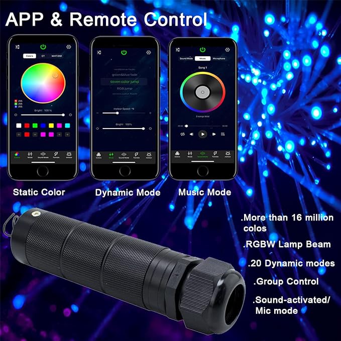 AZIMOM Car Use 6W RGBW 550pcs 0.03in 13.1ft Fiber Optic Lights Starlight Ceiling Light Kit End Glow Optic Cable Music Mode APP Remote Sensory Lighting Indoor Home Headliner Decoration