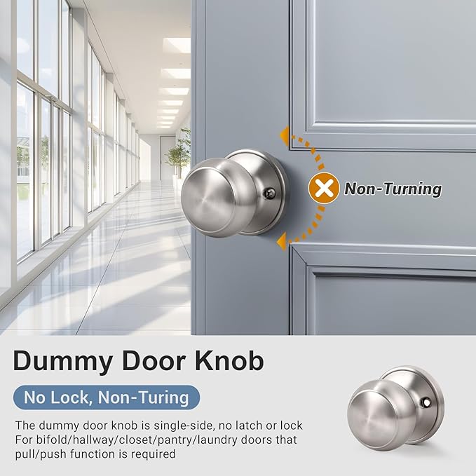 KNOBWELL 6 Pack Brushed Nickel Dummy Door Knob, Single Sided Handle for Closets, French Double Doors, and Pantry, Satin Nickel One Side Non-Turning Interior Push/Pull Door Knob