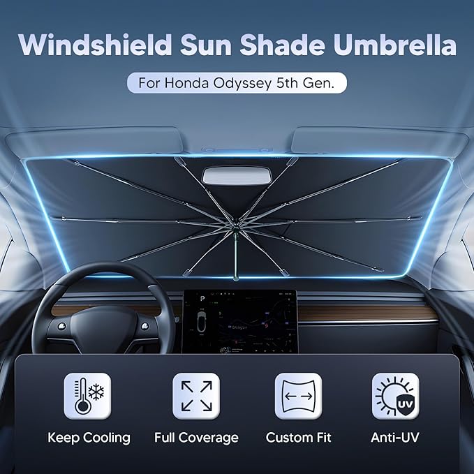 Autorder Windshield Sun Shade Umbrella for 2018-2025 Honda Odyssey Accessories,Upgraded Ice Crystal Material,Easy Setup Umbrella Sunshade for Car Windshield,100% Sun Blocking