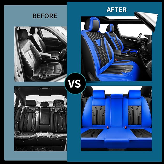 Fit Versa Car Seat Covers Compatible with Nissan Versa 2008-2025 2026 - Full Set Premium Leather， Waterproof Breathable， All-Weather Seat Cushion Protecto&Airbag Compatible （Blue & Black