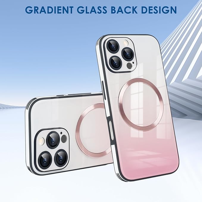 Guppy Compatible with iPhone 16 Pro Max Magnetic Case, Magnetic Gradient Case with Charging, Gradient Glass Back Cover with Lens Film-Pink