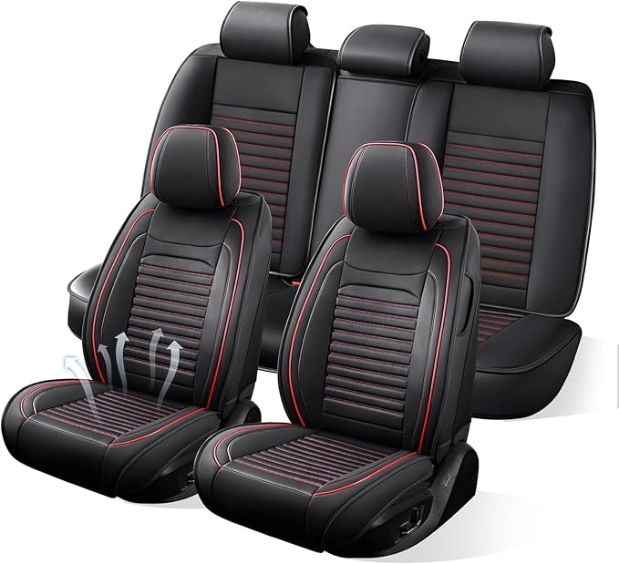 Car Seat Covers Full Set Fit for Toyota C-HR 2018-2022, Premium Faux Leather Car Seat Protector,Breathable Anti-Slip Full Wrapping Edge Seat Covers(Black&Red,Full Set)