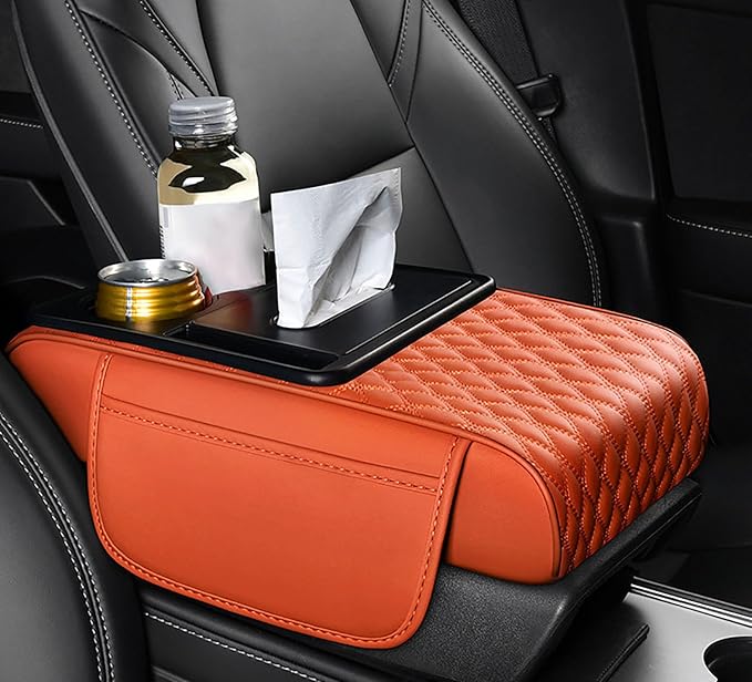 Car Armrest Center Console Cover for Jeep Compass 2. Generation 2021 2022 2023, Center Console Pad with Cup Holder, Multifunctional Armrest Cushion,F Orange