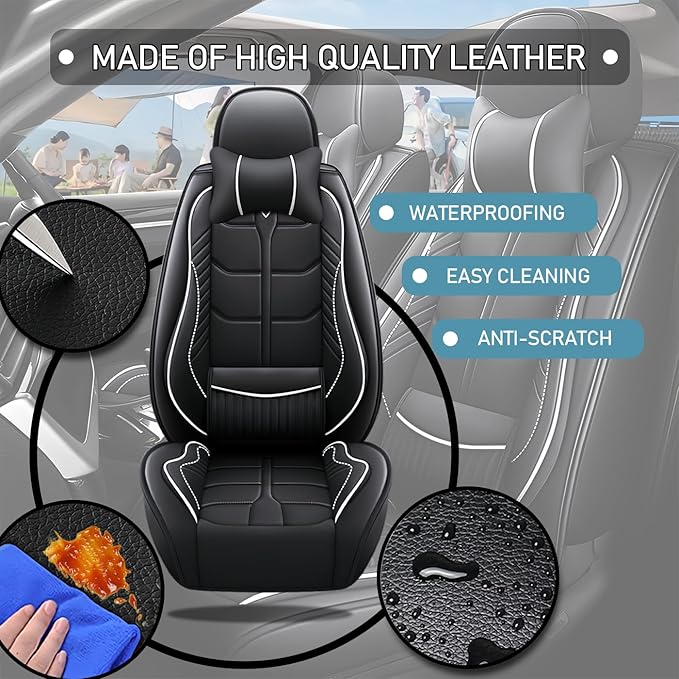 Leather Car Seat Covers Fit for Toyota Corolla Cross 2022-2024, 5 Seater Car Seat Cover, Premium Waterproof, Scratch Resistant Car Interior Accessories (Full Set with Pillow Black White)