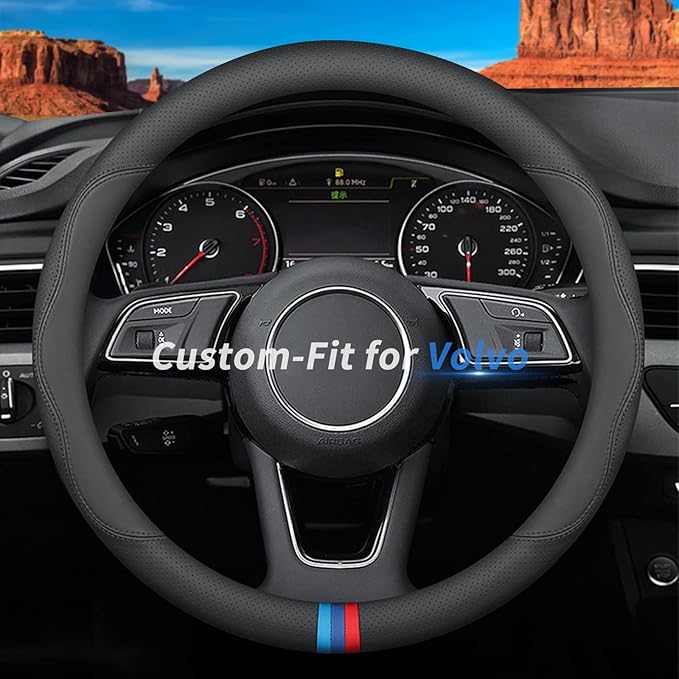 Custom-Fit for Volvo Steering Wheel Cover, Premium Leather Car Steering Wheel Cover with Logo, Non-Slip, Breathable (D-Style,for Volvo)