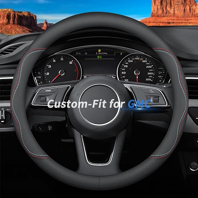 Custom-Fit for GMC Steering Wheel Cover, Premium Leather Car Steering Wheel Cover with Logo, Non-Slip, Breathable, for GMC Accessories (A-Style,for GMC)