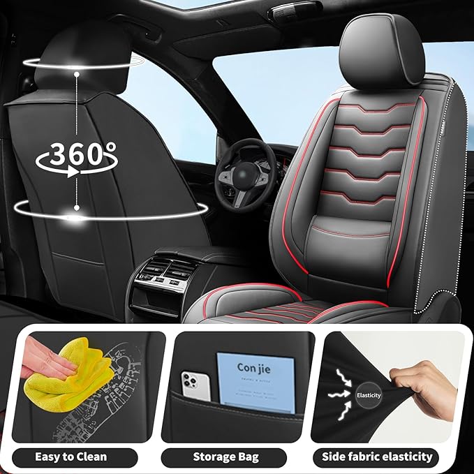 Fit Accord Car Seat Covers Premium Leather for Honda Accord 2012-2025 2026. Waterproof， Breathable, Scratch-Resistant & All-Weather Seat Cushion Protector（Front Seat,Red Line Black