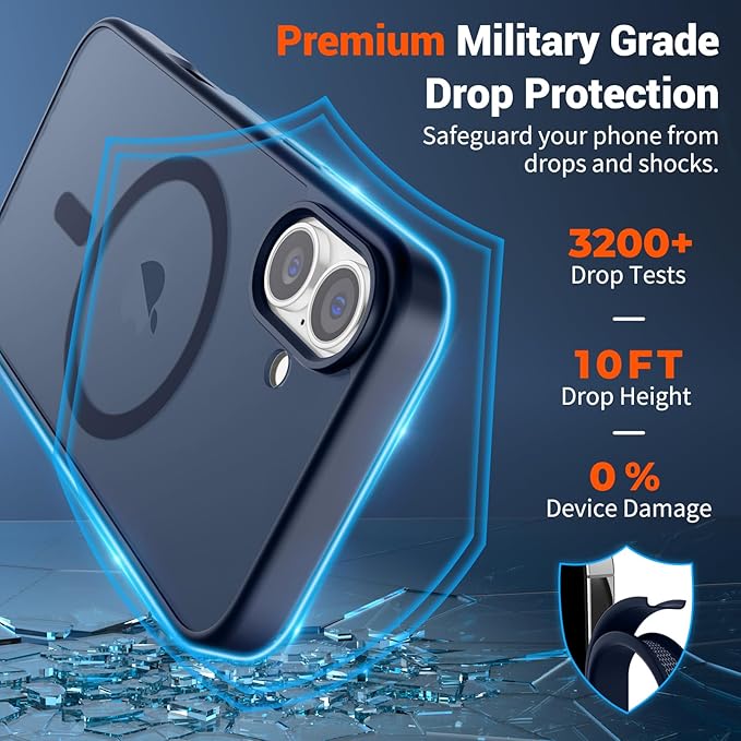 SUPFINE Magnetic for iPhone 16 Case with Screen Protector (Compatible with MagSafe) (Military Grade Drop Protection) Translucent Matte Shockproof Phone Cover,Dark Blue
