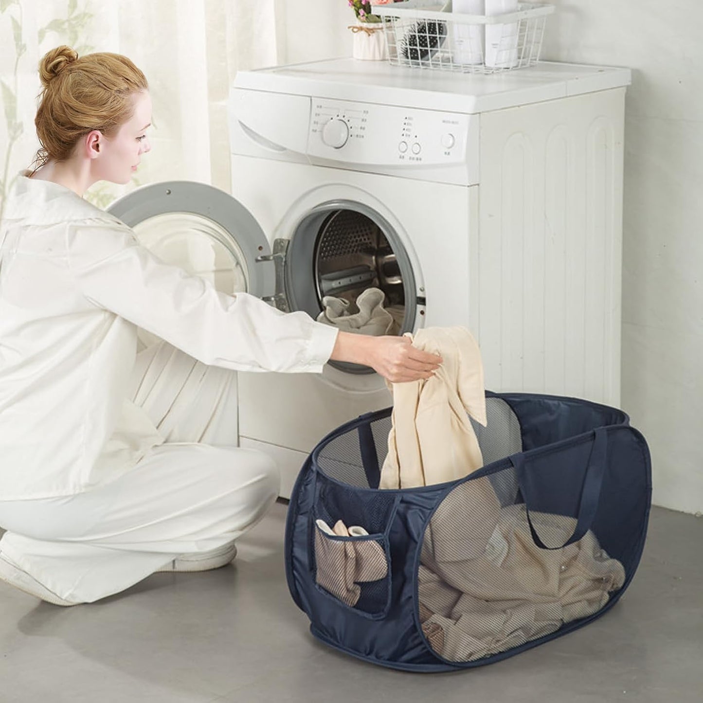 HONOMA Sturdy Mesh Laundry Hamper Basket Bag,Pop up Basket with Side Pocket for Laundry Room, Bathroom, Kids Room, College Dorm or Travel (Pop Horizontal, White)