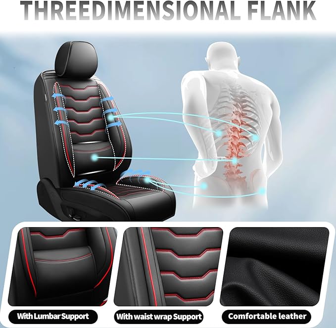 Fit Kicks Car Seat Covers Premium Leather Compatible with Nissan Kicks 2018 2019-2026 (5 Seats Full Set Waterproof Breathable All-Weather Seat Cushion Protector（5 Seats Red Line Black)