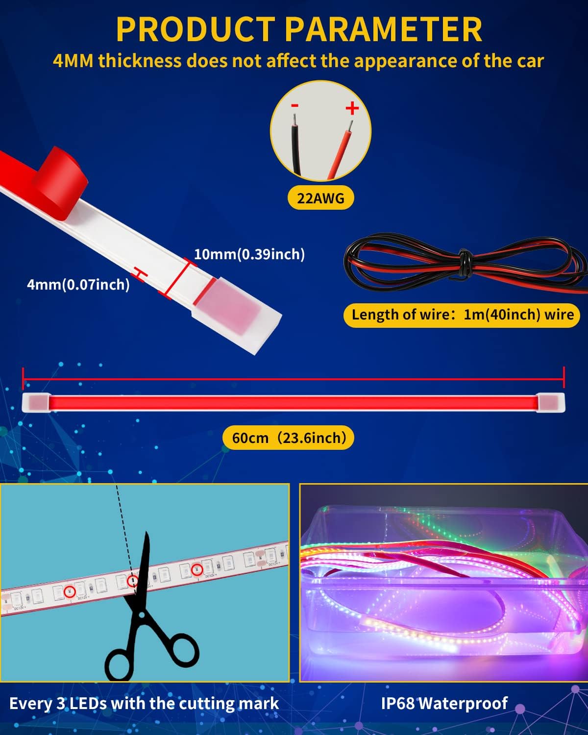 Red Car LED Strip Light,24inch 12V Interior Light Strip IP68 Waterproof Cuttable for Car Motorcycles Boat Golf Cart Truck Cargo Home Decoration with Strong Nano Tape(4PCS)