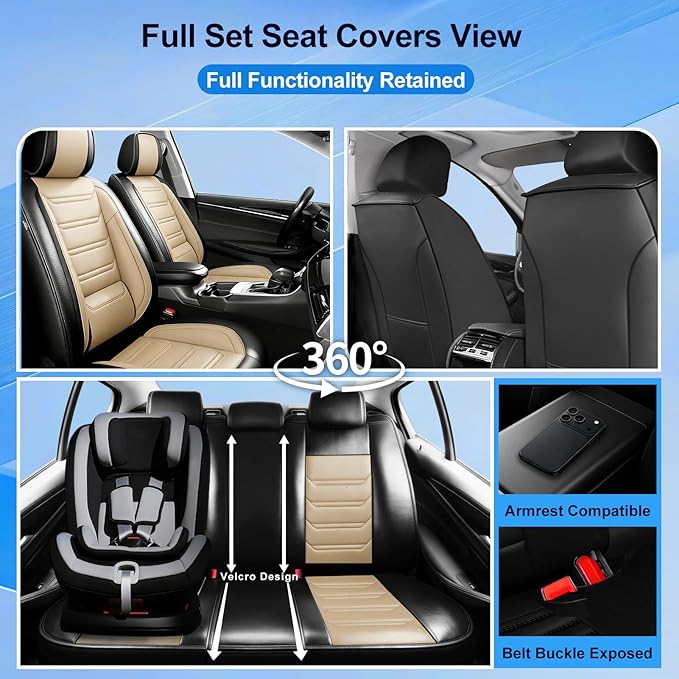 Fit CX-50 Car Seat Covers for Select Mazda CX50 2023-2026, Full Coverage Leather, Airbag Compatible, Luxury Waterproof All Weather Seat Protector, Full Set, Black+Beige