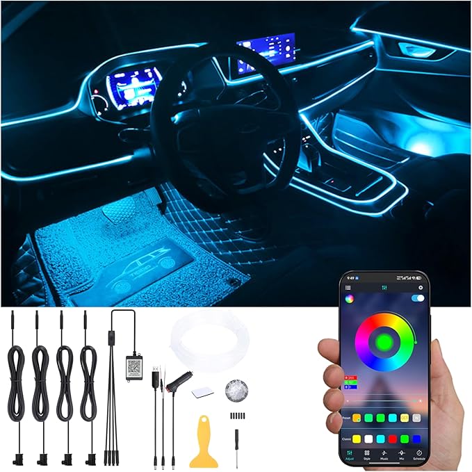 Car Atmosphere Light Kit 4m Fiber Optic RGB Multicolor Sound Active Music Sync Memory Function Bluetooth APP Control 64 Colors USB Car Interior Ambient Lighting Kit DC 12V