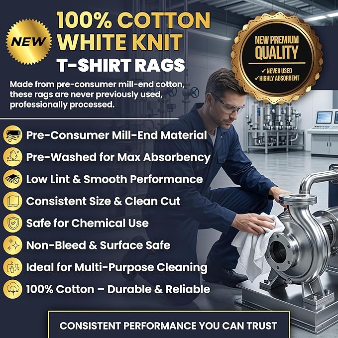 Premium New White Cotton Knit T-Shirt Rags (10 lbs. Box of Rags) - Lint-Free, Soft & Absorbent Cleaning Cloths for Auto, Paint, Garage, Staining & Polishing
