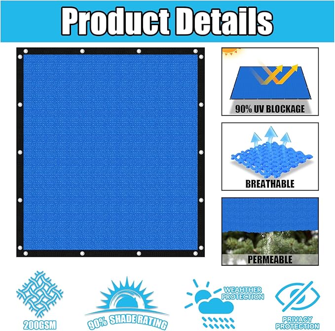Amagenix 90% Pergola Shade Cover 7' X 20' Sun Shade Cloth with Grommets for Outdoor Garden Patio Porch, Commercial Grade 200 GSM - Cable Zip Ties Included (We Customized) GN108, Blue