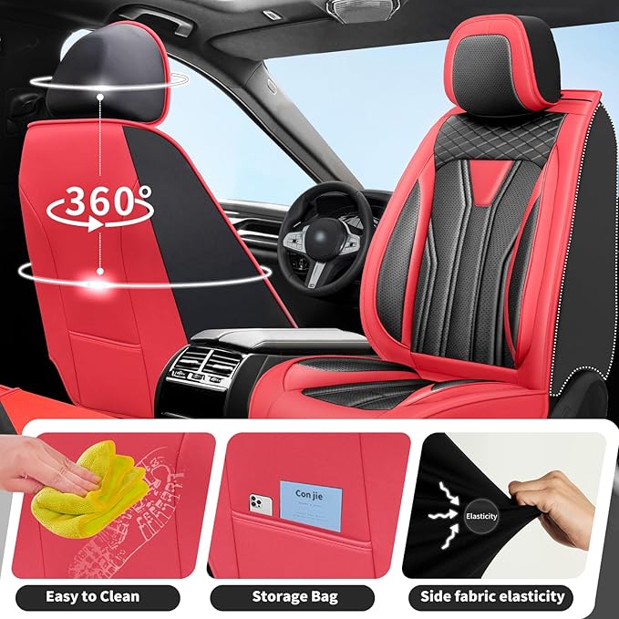 Fit Murano Car Seat Covers Compatible with Nissan Murano 2004-2025 2026 - Full Set Premium Leather， Waterproof Breathable， All-Weather Seat Cushion Protecto&Airbag Compatible （Red & Black