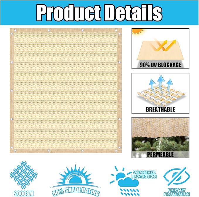 Amagenix 90% Pergola Shade Cover 14' X 16' Sun Shade Cloth with Grommets for Outdoor Garden Patio Porch, Commercial Grade 200 GSM - Cable Zip Ties Included (We Customized) GN108, Wheat