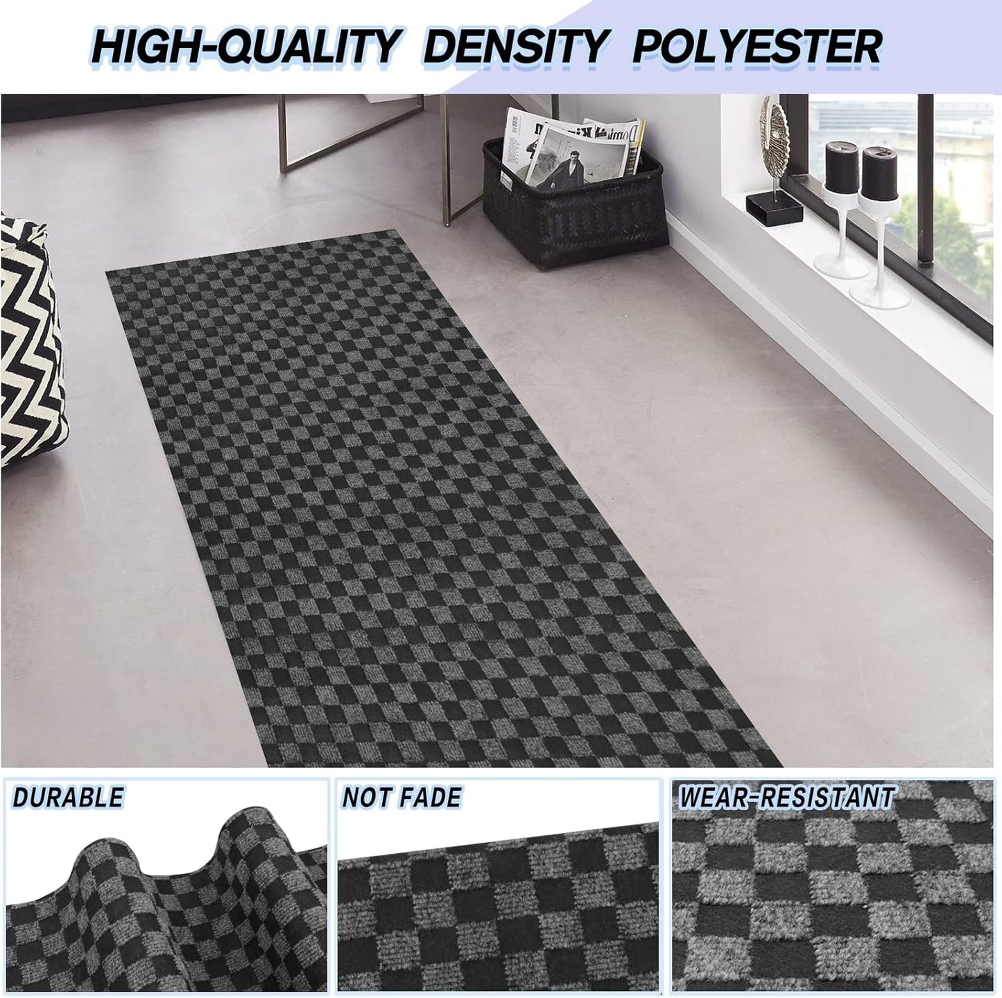 Custom Size Backed Non-Slip Area Rugs Runner, Easy Clean, Waterproof Runner Rugs for Hallway Entryway, Kitchen, Laundry, 4FT x 32FT, Gray Checkered