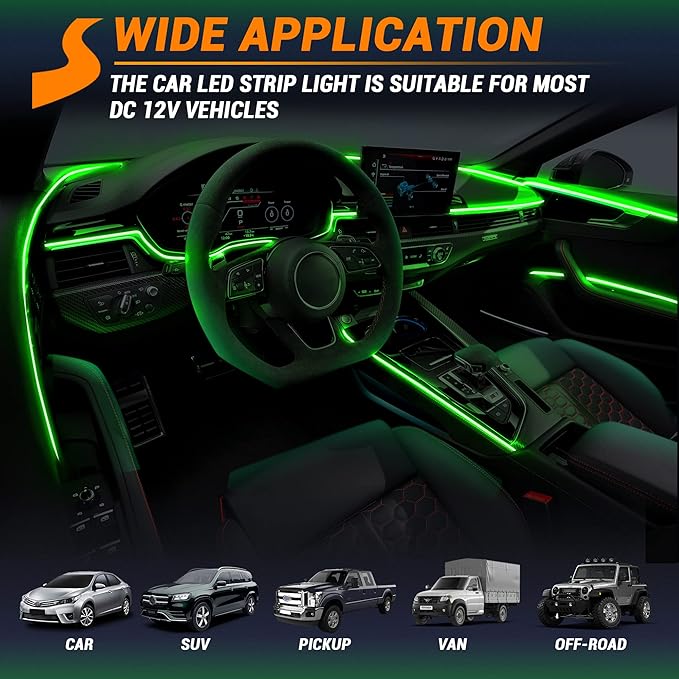 Interior Car LED Strip Lights 400 inches Fiber Optic tubing USB Powered RGB 8 in 1 Car Neon with Wireless APP and Remote Control, Ambient Lighting Kits 16 Million Colors,Sync to Music